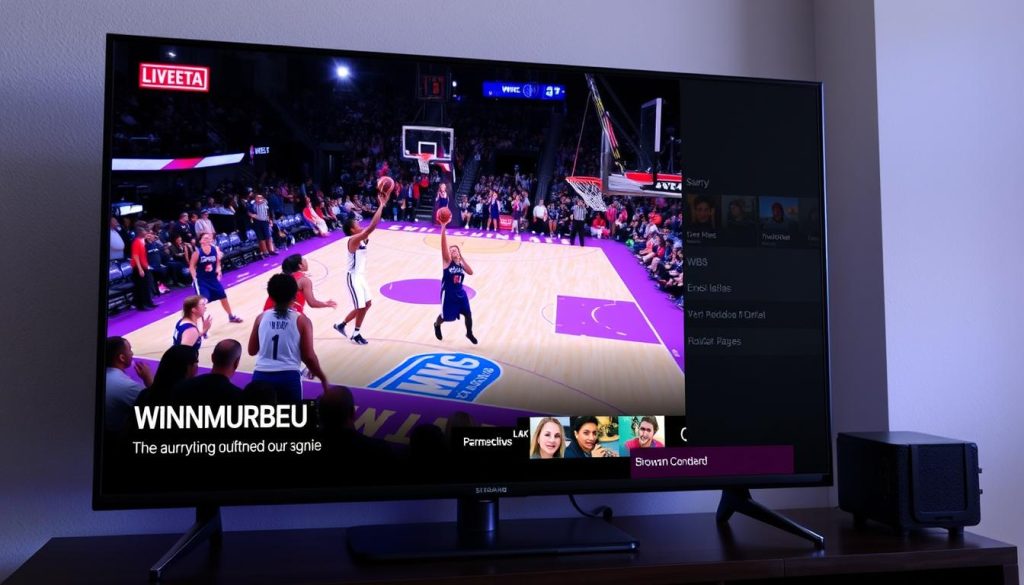 Image of a TV screen showing a WNBA game with a streaming service interface