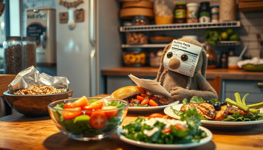 A cozy kitchen scene with Jelly Roll sitting at a rustic wooden table, surrounded by various healthy dishes and ingredients. The lighting is warm and inviting, casting a soft glow over the scene. In the foreground, there is a salad bowl filled with leafy greens, tomatoes, and a creamy dressing. Next to it, a plate of grilled chicken and roasted vegetables. In the middle ground, Jelly Roll is studying a nutrition label intently, his expression one of concentration. The background features a well-stocked pantry with whole grains, nuts, and fresh produce, suggesting a newfound commitment to healthier eating. The overall mood is one of change, progress, and a newfound appreciation for nourishing foods.