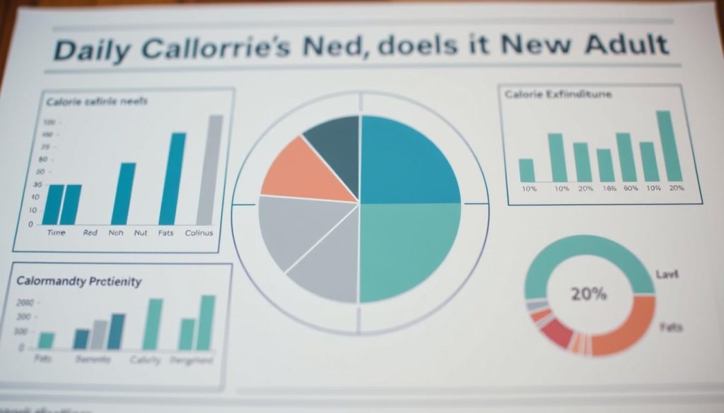 A detailed infographic illustrating the daily calorie needs for a healthy adult. The image features a central pie chart showing the macronutrient breakdown - carbohydrates, proteins, and fats. Surrounding it are additional data visualizations, such as bar graphs for calorie expenditure based on activity levels, and a circular diagram detailing the recommended daily intake range. The overall style is clean, minimalist, and data-driven, using a muted color palette of blues, grays, and greens to convey a sense of authority and credibility. The lighting is soft and diffused, with a subtle depth of field to draw the viewer's focus. The camera angle is positioned slightly above eye level, creating an informative, educational tone.