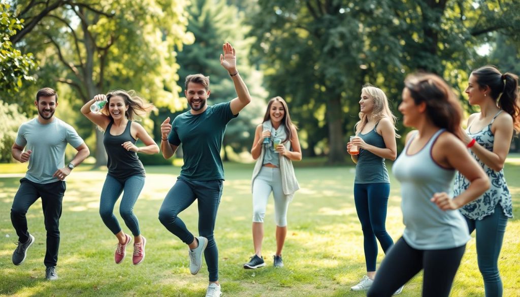 A group of health-conscious friends enjoying an outdoor workout session together. In the foreground, three people - a man and two women - are performing energetic exercises like jumping jacks and high-knees, their faces glowing with determination. In the middle ground, another pair of friends are taking a water break, sharing a healthy snack and engaging in animated conversation. The background depicts a lush, verdant park setting, with sunlight filtering through the trees and creating a warm, natural ambiance. The overall scene exudes a sense of camaraderie, positivity, and a shared commitment to physical well-being.