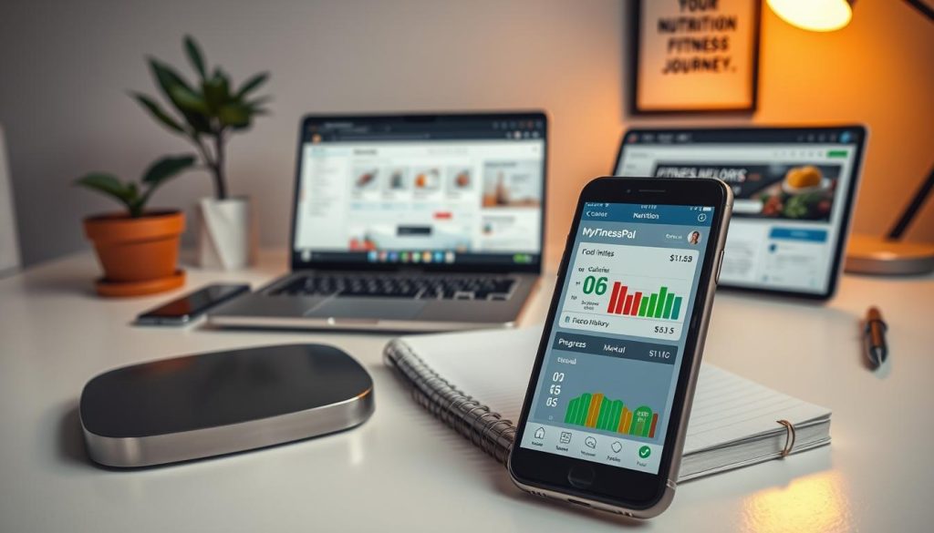 A meticulously designed workspace showcasing a variety of nutrition tracking tools. In the foreground, a sleek smartphone displays the MyFitnessPal app, its interface highlighting calorie intake, macronutrient breakdowns, and progress charts. Beside it, a stainless steel food scale and a spiral-bound notebook for manual logging. In the middle ground, a laptop open to a fitness tracking website, its dashboard displaying workout history and fitness goals. The background features a clean, minimalist desk with a potted plant, a motivational quote framed on the wall, and warm, directional lighting casting a subtle glow over the scene. The overall atmosphere exudes a sense of organization, discipline, and a dedication to optimizing one's health and fitness journey.
