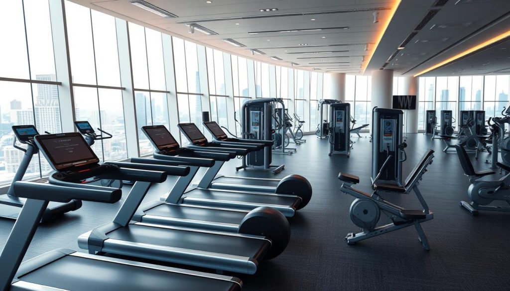 A modern, well-equipped gym with sleek, state-of-the-art exercise machines arranged in a spacious, bright, and airy setting. The foreground features a row of cutting-edge cardio equipment, including treadmills, ellipticals, and stationary bikes, all in a minimalist, metallic design. The middle ground showcases a variety of weight training machines, such as cable crossovers, Smith machines, and leg presses, bathed in warm, directional lighting. In the background, floor-to-ceiling windows offer a panoramic view of a vibrant cityscape, creating a sense of urban energy and inspiration. The overall atmosphere is one of sophistication, technology, and a relentless pursuit of fitness excellence.