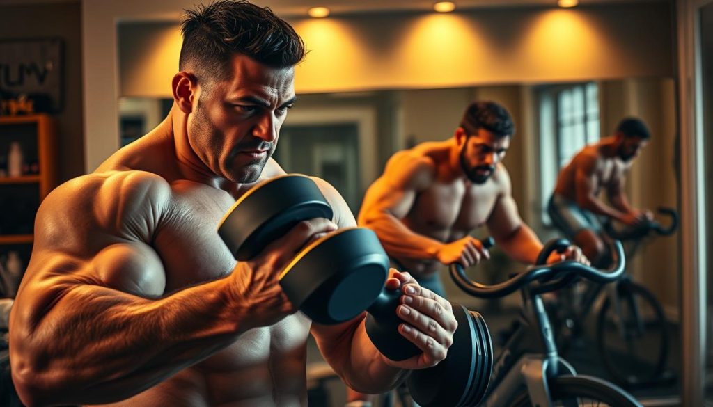 A muscular Jelly Roll performing a series of high-intensity exercises in a well-equipped home gym. In the foreground, he is aggressively lifting free weights, his face contorted with determination. The middle ground showcases Jelly Roll cycling on a stationary bike, sweat glistening on his brow. In the background, a large mirror reflects his entire workout routine, illuminated by warm, directional lighting that casts dramatic shadows. The overall atmosphere exudes a sense of focus, discipline, and the unwavering commitment to his weight loss transformation.