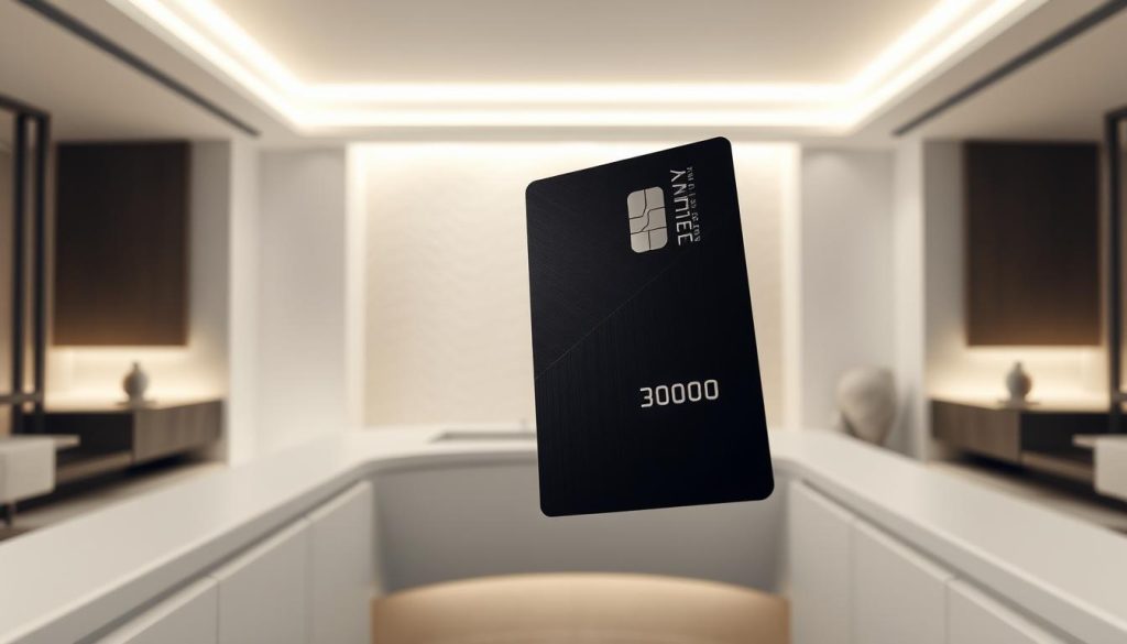 A sleek, modern interior with minimalist decor. In the foreground, a black, metallic credit card with raised text and embossed logo hovers against a clean, white background, illuminated by soft, directional lighting. The middle ground features a subtle, textured pattern or gradient, suggesting a sense of premium exclusivity. The background is a muted, monochromatic palette, creating a sophisticated and elevated atmosphere. The overall composition conveys the idea of elevated, VIP-level benefits and access associated with a premium membership.