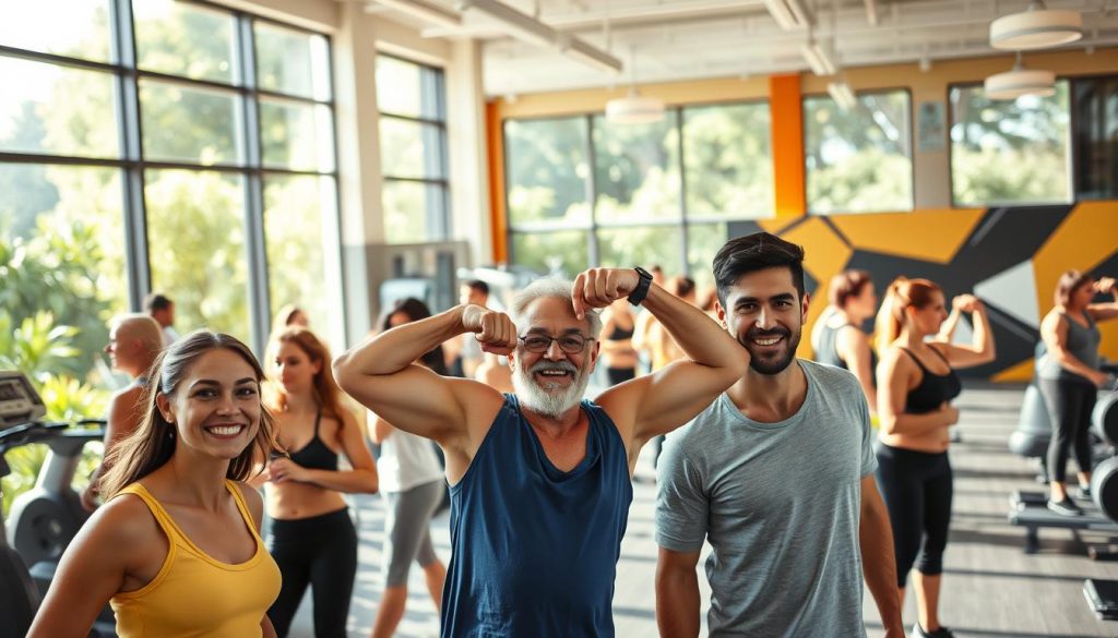 A sun-dappled fitness center, filled with determined individuals pursuing their wellness journeys. In the foreground, a group of diverse gym-goers celebrating their transformations - a young mother beaming with pride, a senior citizen flexing his newly toned muscles, and a formerly sedentary professional radiating confidence. The middle ground showcases high-intensity training sessions, with trainers guiding clients through dynamic routines against a backdrop of modern equipment and motivational wall graphics. In the distance, floor-to-ceiling windows offer glimpses of a lush, verdant outdoor space, creating a harmonious blend of indoor and outdoor fitness. The lighting is warm and natural, casting a glow of accomplishment and well-being upon the scene.