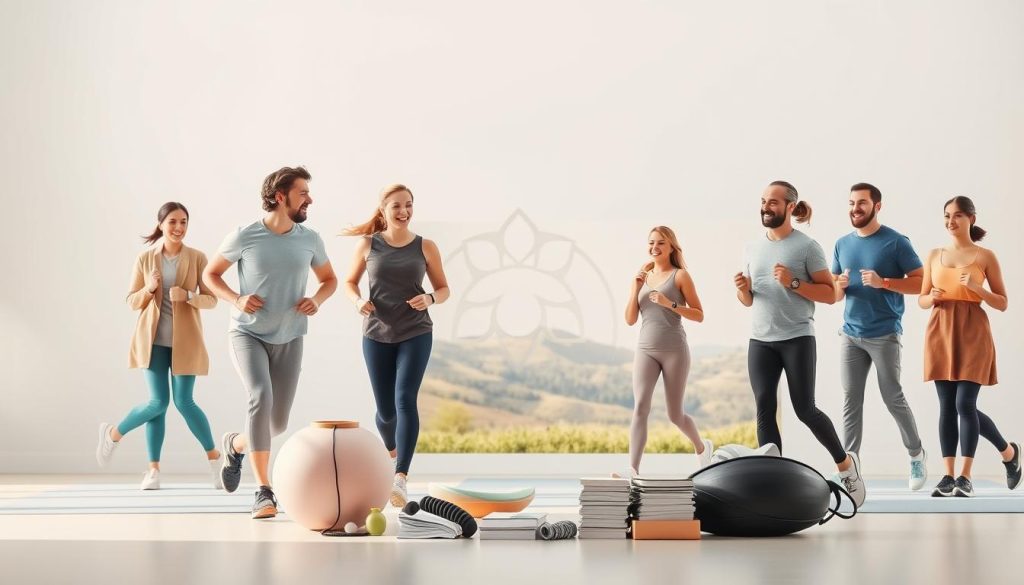 A well-designed, modern weight management program set against a clean, minimalist background. In the foreground, a group of diverse individuals engaged in various healthy activities - walking, jogging, stretching, and strength training. Muted, pastel-hued fitness equipment and nutrition guides are arranged neatly, conveying a sense of balance and organization. The lighting is soft and natural, highlighting the participants' determined expressions. In the middle ground, a large, abstract symbol representing a holistic approach to wellness. The background features a serene, nature-inspired landscape with rolling hills and a clear sky, suggesting a tranquil, rejuvenating environment conducive to achieving one's weight management goals.