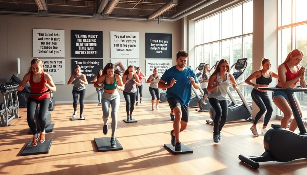 A well-equipped gym interior with modern fitness equipment and natural lighting streaming through large windows. In the foreground, a group of diverse teenagers engaged in a dynamic workout routine, demonstrating exercises that target various muscle groups and enhance cardiovascular fitness. The middle ground features motivational posters and inspirational quotes about the benefits of regular exercise, such as improved physical and mental well-being. The background showcases an open, airy space with sleek, minimalist design, creating a welcoming and aspirational atmosphere for the teen fitness enthusiasts.