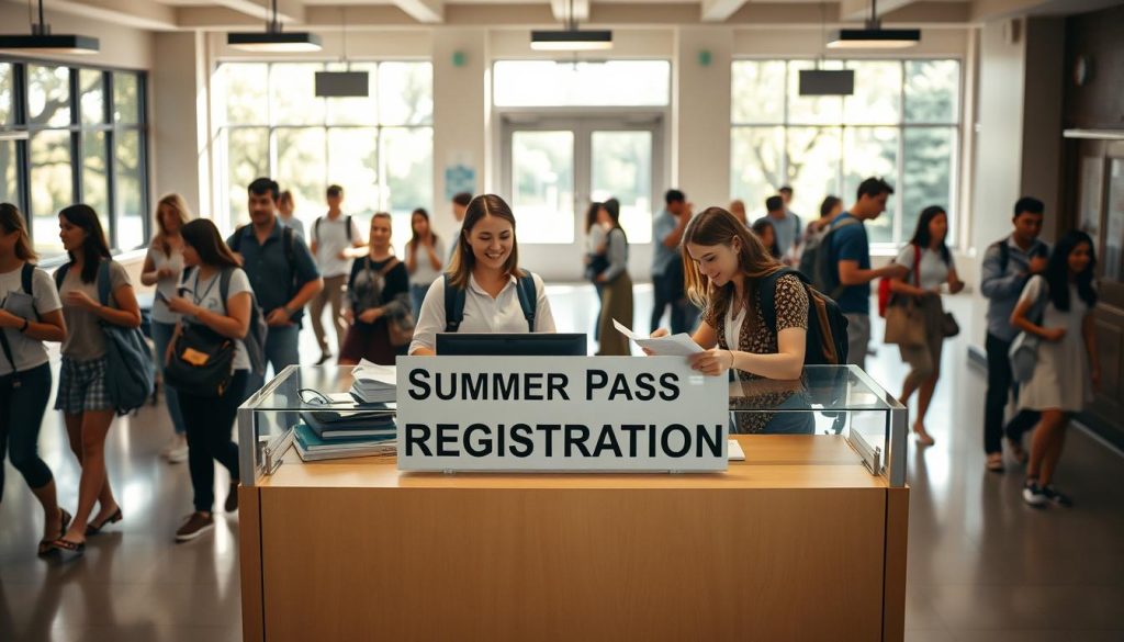 A well-lit, meticulously detailed scene of a school registration desk set against a backdrop of students and teachers moving about a bustling summer campus. The desk features a prominent "Summer Pass Registration" sign, with a friendly staff member assisting a student in filling out paperwork. The atmosphere is lively and welcoming, with students chatting and campus scenery visible through large windows. Soft, warm lighting illuminates the scene, creating a sense of energy and anticipation. The overall composition emphasizes the registration process, drawing the viewer's attention to the central focal point.