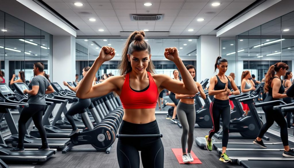 high-quality, detailed, photorealistic image of fitness programs, with a focus on a modern gym setting. The foreground shows a group of people engaging in various exercises like weightlifting, cardio, and yoga. The middle ground features specialized equipment like treadmills, stationary bikes, and resistance machines. The background showcases a clean, well-lit gym interior with mirrored walls, bright lighting, and sleek, minimalist design. The atmosphere conveys a sense of energy, dynamism, and motivation, with the subjects displaying a range of fitness levels and ages. The lighting is natural and evenly distributed, highlighting the shapes and textures of the gym and the people. The overall composition is balanced and visually appealing, showcasing the diversity and effectiveness of the fitness programs on offer.